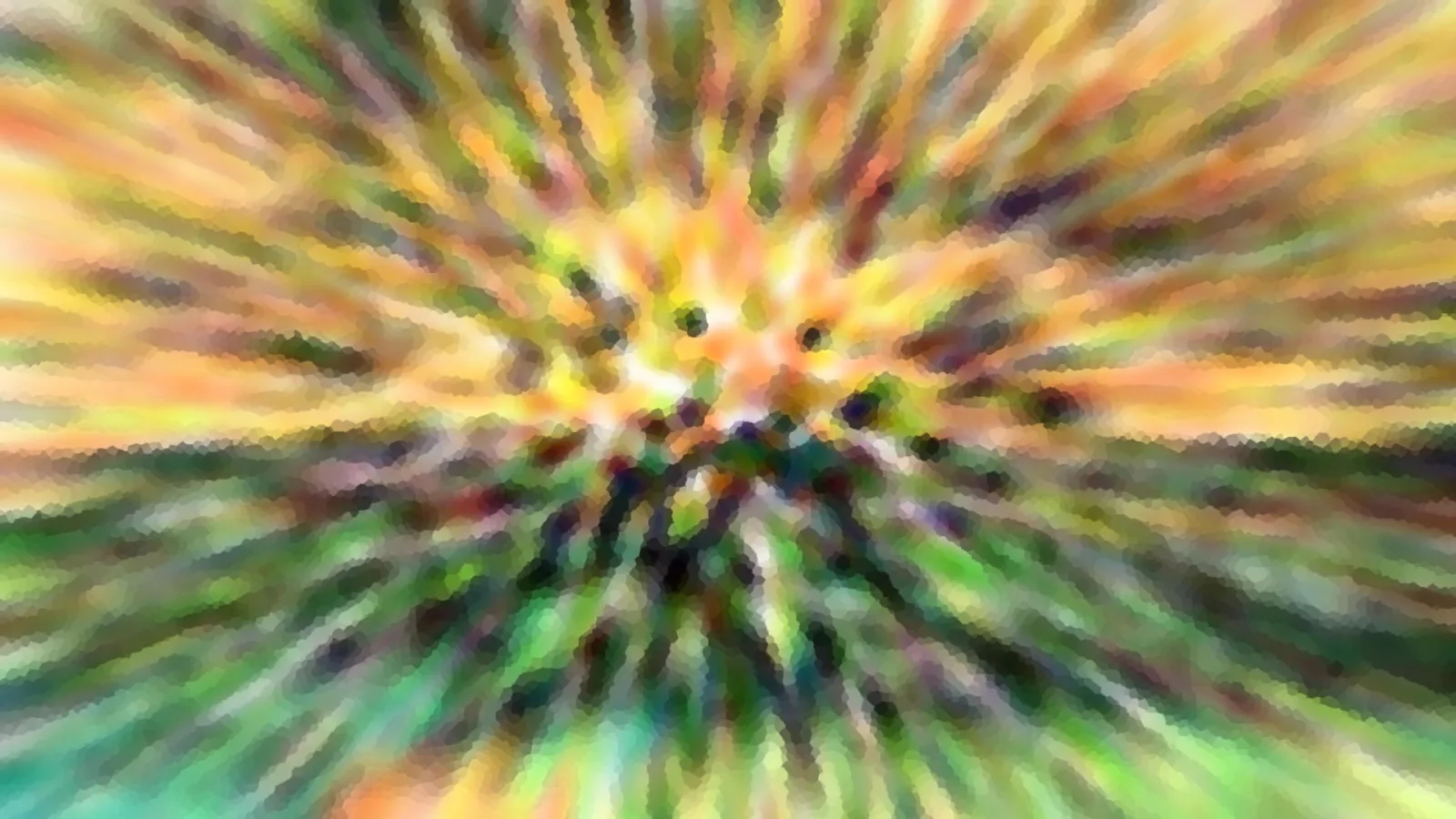 Abstraktes Bild mit grünen, gelben und orangen Streifen, die von einem hellen Zentrum radial nach außen laufen, mosaikartig verpixelt.