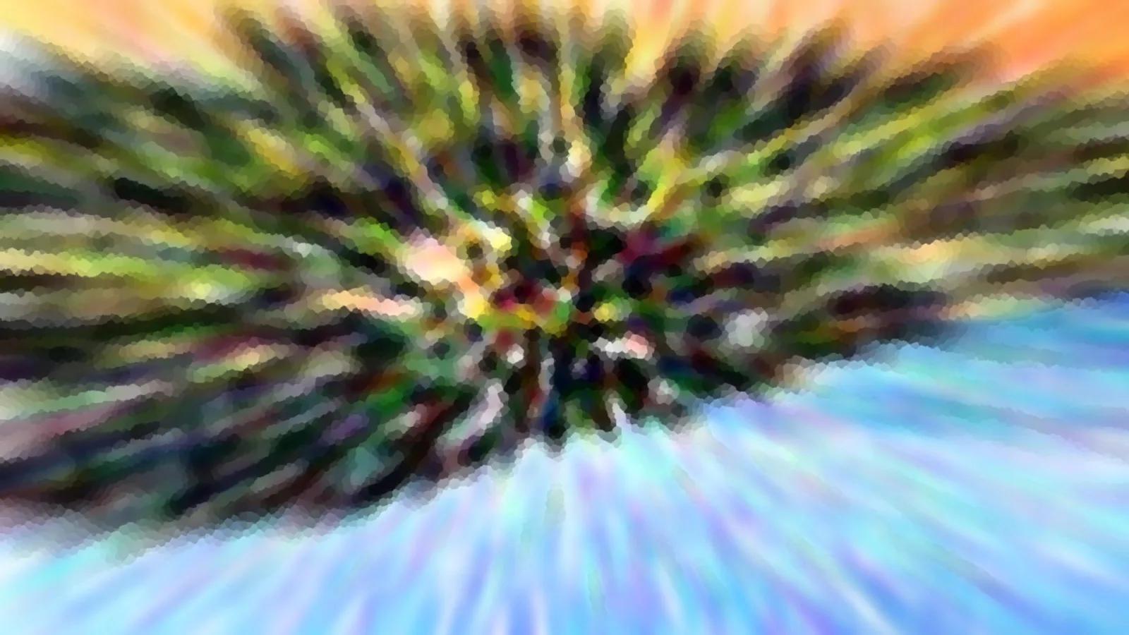Abstrakte Komposition mit radial von einem dunklen grünen Zentrum ausgehenden Farbstreifen in Gelb, Violett und Rot, unten blau, oben orange.