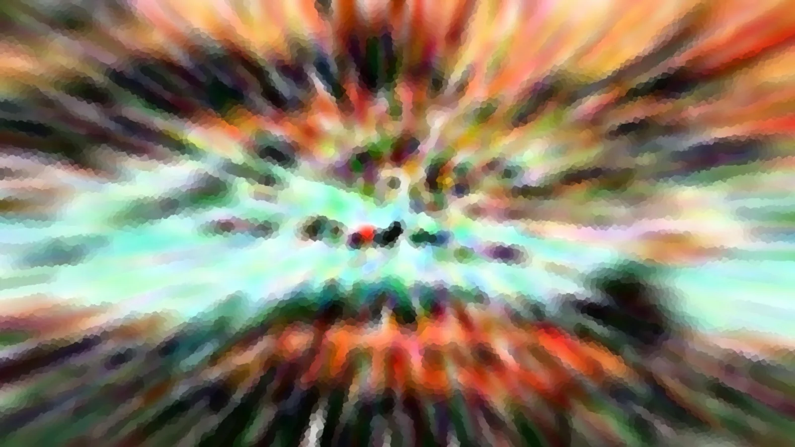 Abstraktes Bild mit bunten Farbstrahlen, die von einem dunklen Punkt in der Mitte nach außen laufen.