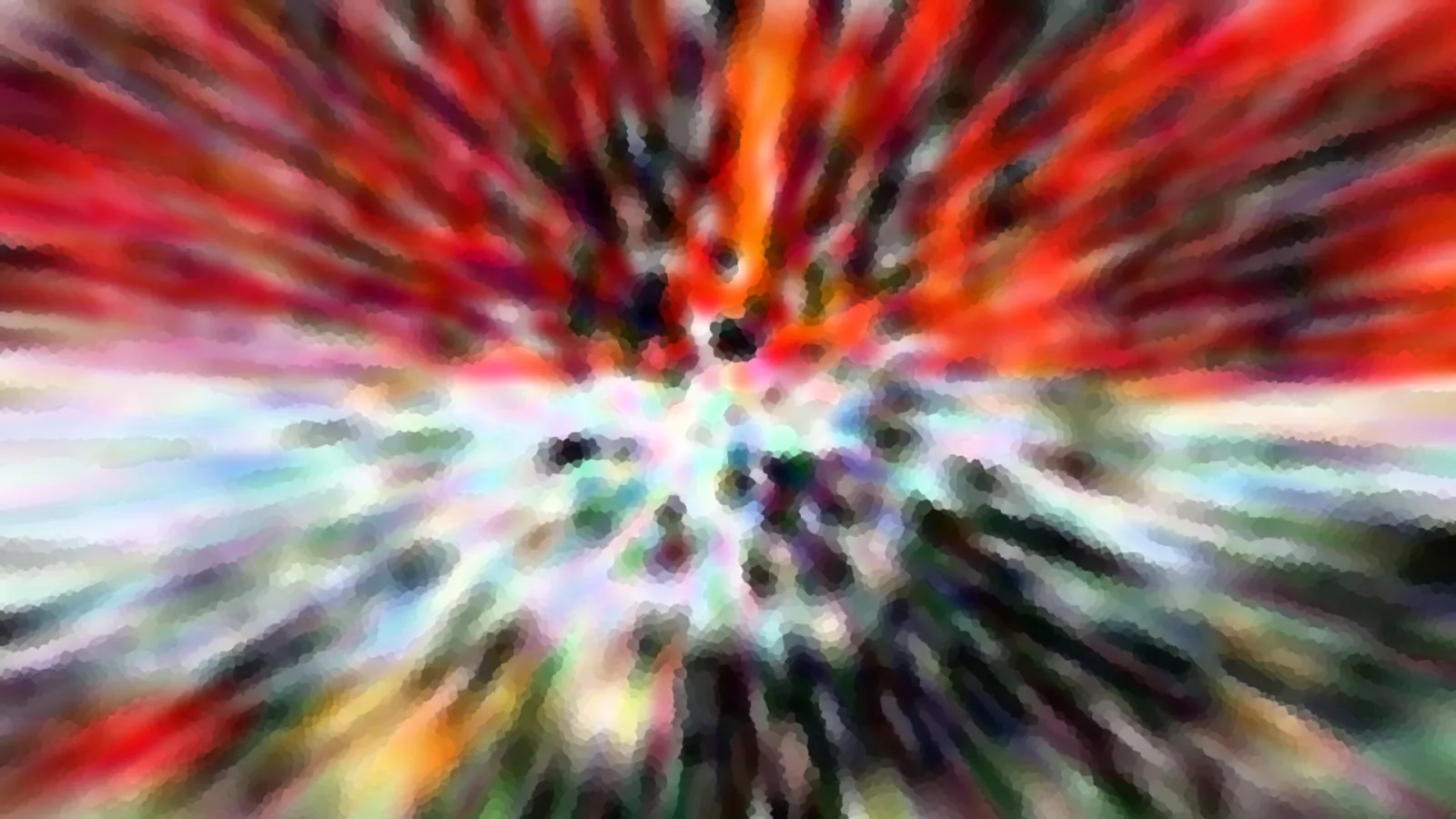 Abstrakte Komposition aus roten, orangefarbenen und weißen Strahlen, die von einem dunklen Zentrum nach außen laufen, mit grobem Mosaikmuster.