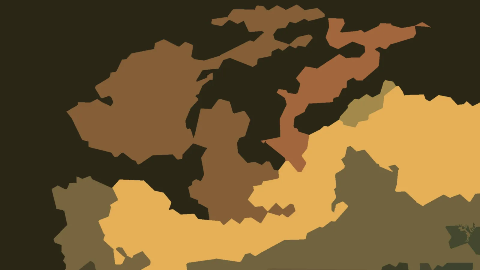 Abstrakte Komposition aus braunen, ockerfarbenen und olivgrünen Flächen auf dunklem Hintergrund.