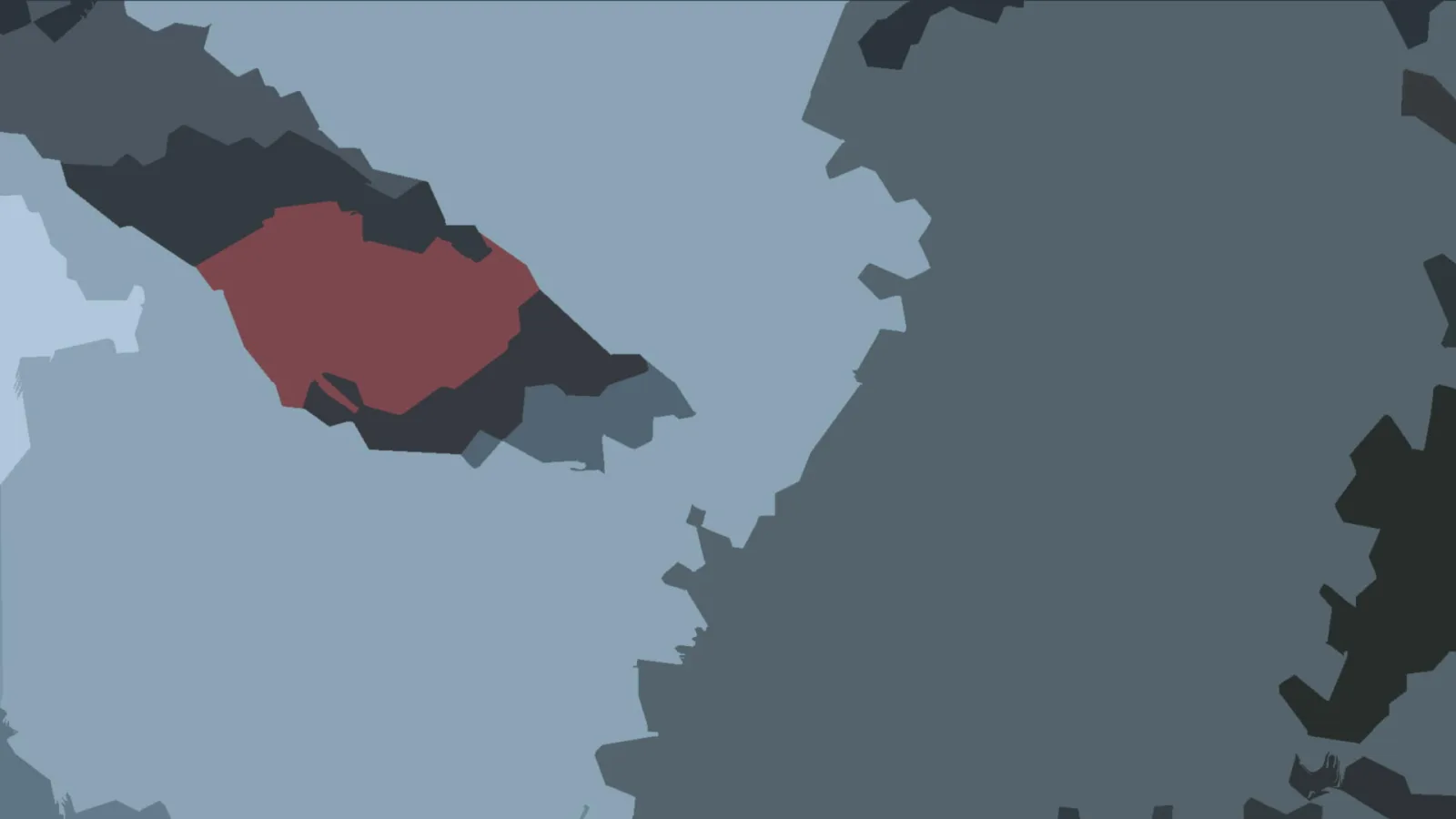 Abstrakte flache Komposition mit einer roten Fläche in der Bildmitte links, umgeben von dunkelgrauen und blaugrauen Formen auf hellblauem Grund.