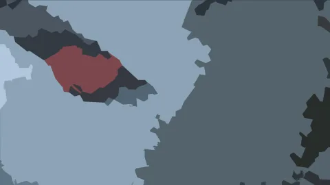 Abstrakte flache Komposition mit einer roten Fläche in der Bildmitte links, umgeben von dunkelgrauen und blaugrauen Formen auf hellblauem Grund.
