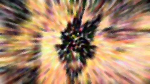 Radiale Unschärfe mit bunten gelben, orangen und grünen Strahlen um eine dunkle, verzweigte Form in der Bildmitte