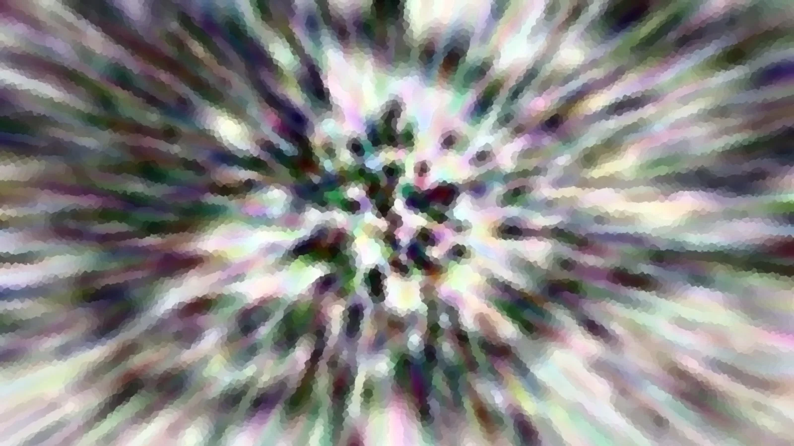 Abstrakte Komposition aus bunten, pixeligen Streifen, die radial aus einem dunklen Zentrum nach außen strahlen.