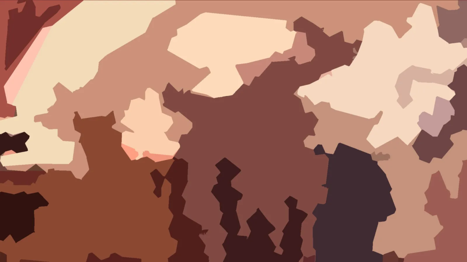 Abstrakte Komposition aus unregelmäßigen, flächigen Formen in Braun-, Beige- und Rottönen, dunkle Zacken unten und eine helle Fläche oben rechts.