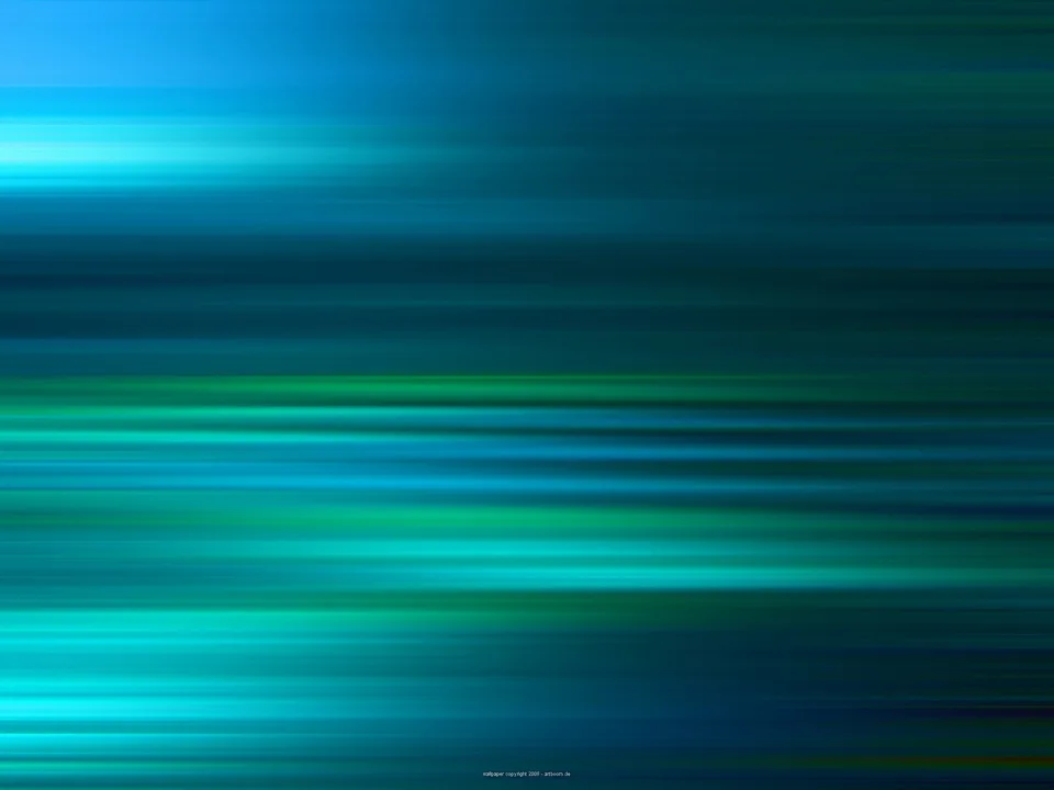 Abstrakte horizontale Streifen aus blauen und grünen Lichtbahnen, die von links oben nach rechts unten verlaufen und nach unten dunkler werden.