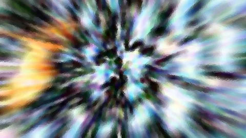 Abstrakte Komposition aus bunten, radial von der Mitte nach außen laufenden Farbstreifen, links ein orangefarbenes Leuchten.