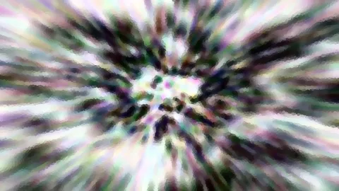 Abstrakte Komposition aus Pastellfarben mit Weiß, Grün und Dunkelviolett, die radial vom Zentrum nach außen gezogen wirkt.
