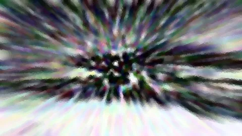 Abstrakte Komposition aus radial von einem dunklen Zentrum ausgehenden Farbstrahlen in Grün, Violett und Weiß, mit verpixelter Struktur.
