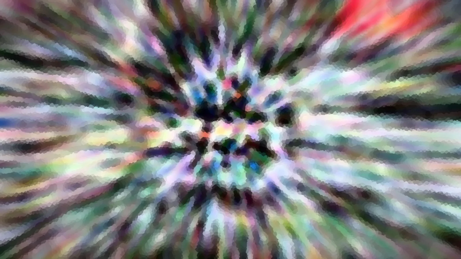 Abstraktes Bild mit bunten, mosaikartigen Streifen, die von einem dunklen Zentrum radial nach außen laufen.