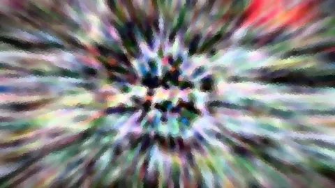 Abstraktes Bild mit bunten, mosaikartigen Streifen, die von einem dunklen Zentrum radial nach außen laufen.