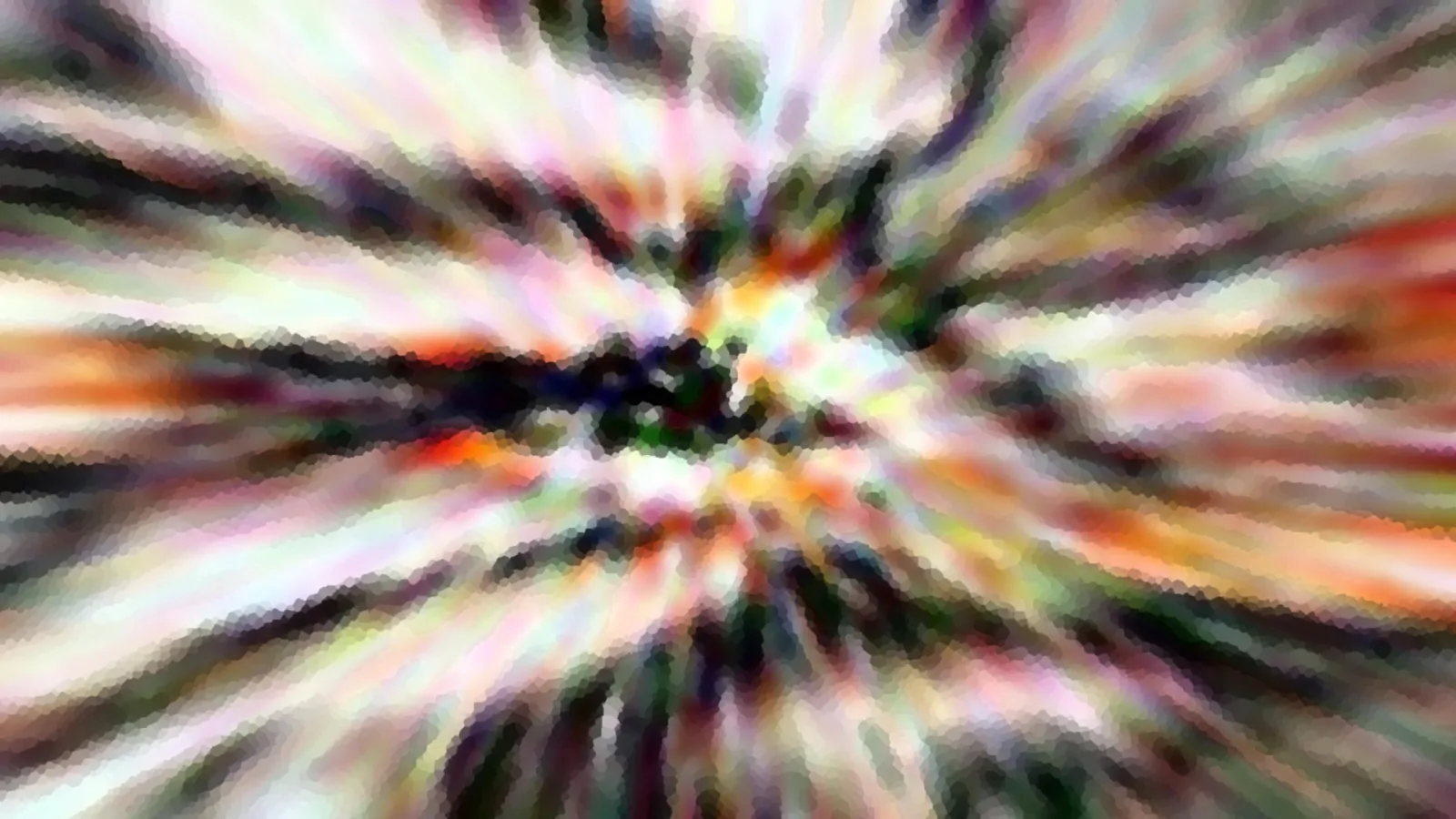 Abstrakte Komposition mit farbigen Schlieren, die von einem dunklen Zentrum radial nach außen laufen.
