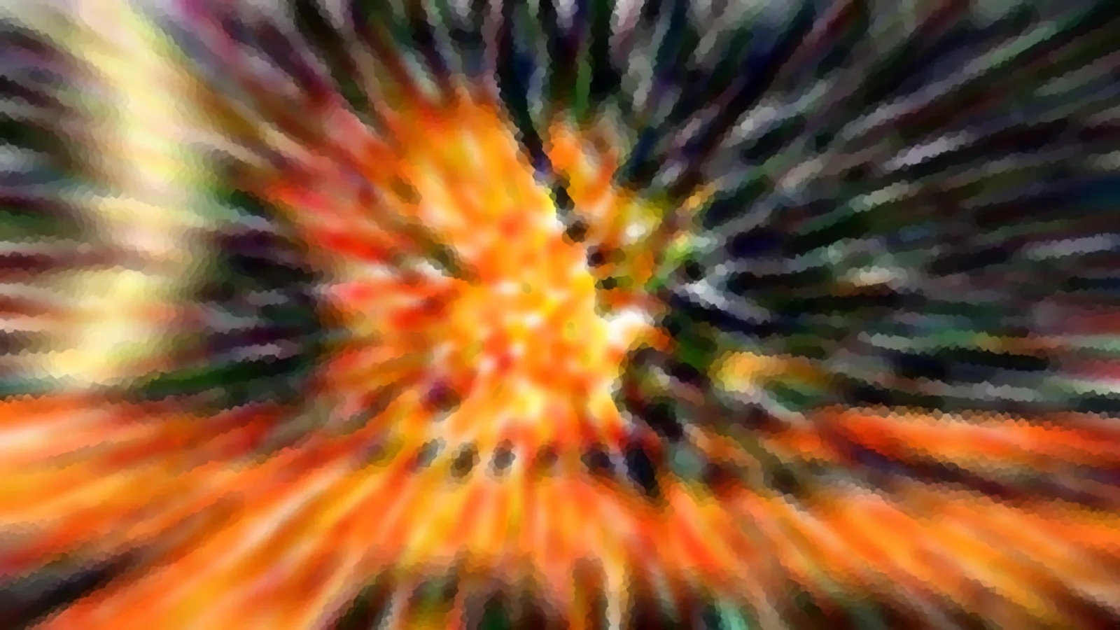 Abstrakte Komposition aus orangefarbenen und gelben Farbstreifen, die von einem hellen Zentrum radial nach außen laufen, an den Rändern dunkel grün und schwarz.