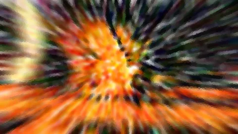 Abstrakte Komposition aus orangefarbenen und gelben Farbstreifen, die von einem hellen Zentrum radial nach außen laufen, an den Rändern dunkel grün und schwarz.