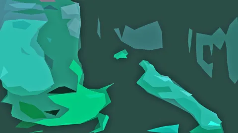 Abstrakte Komposition aus grünen, türkisen und grau-blauen polygonalen Formen auf dunkel-petrolfarbenem Hintergrund, Formen links oben dicht gedrängt, rechts verstreut.