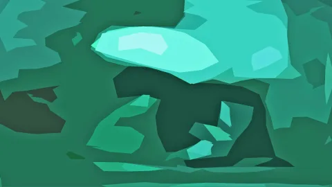 Abstrakte Komposition aus flachen grünen und türkisfarbenen Polygonen, oben links ein helles Lichtfeld.