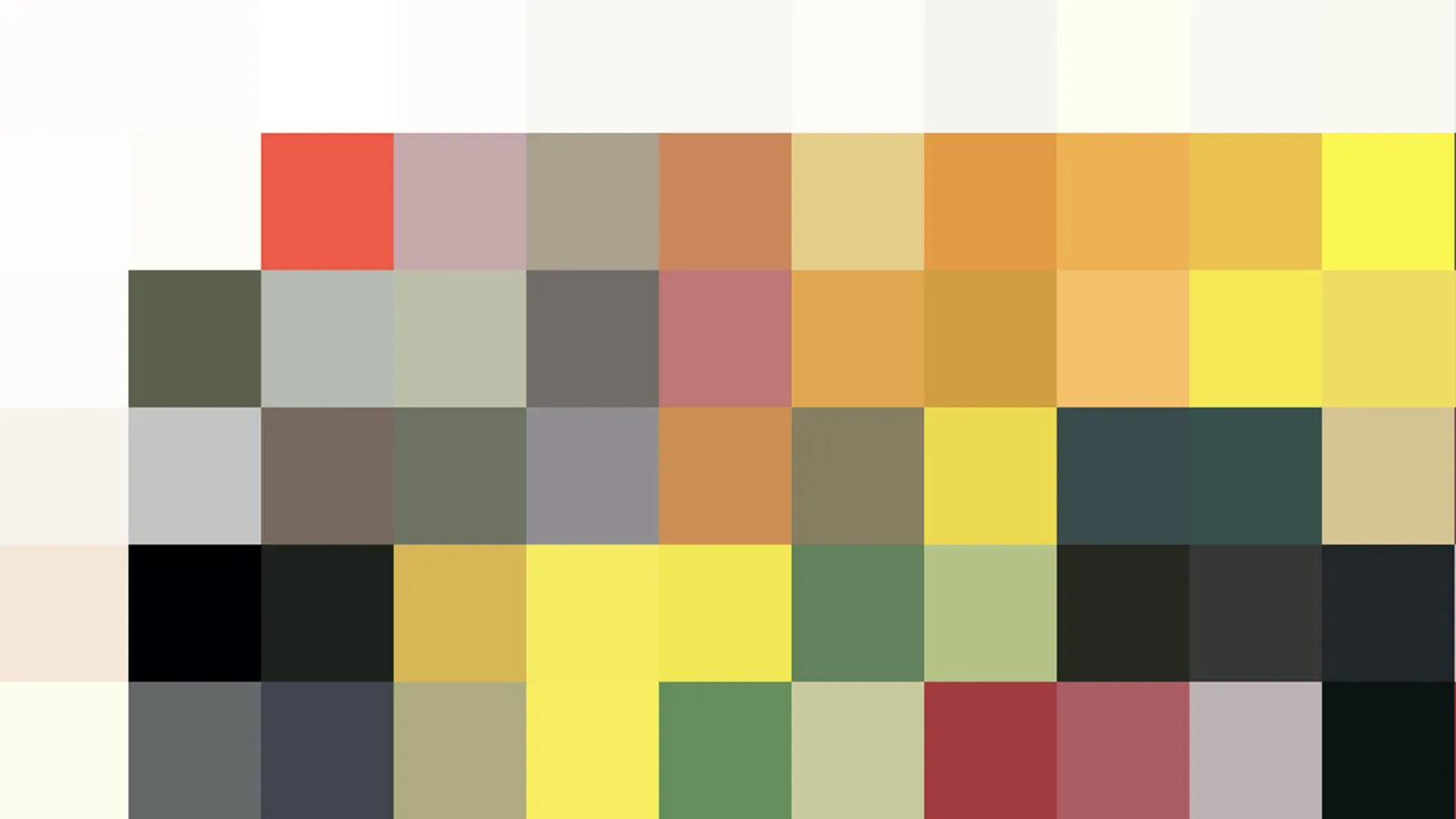 Raster aus farbigen Quadraten in Weiß, Gelb, Orange, Rot, Grün, Grau und Schwarz, ohne erkennbares Motiv.