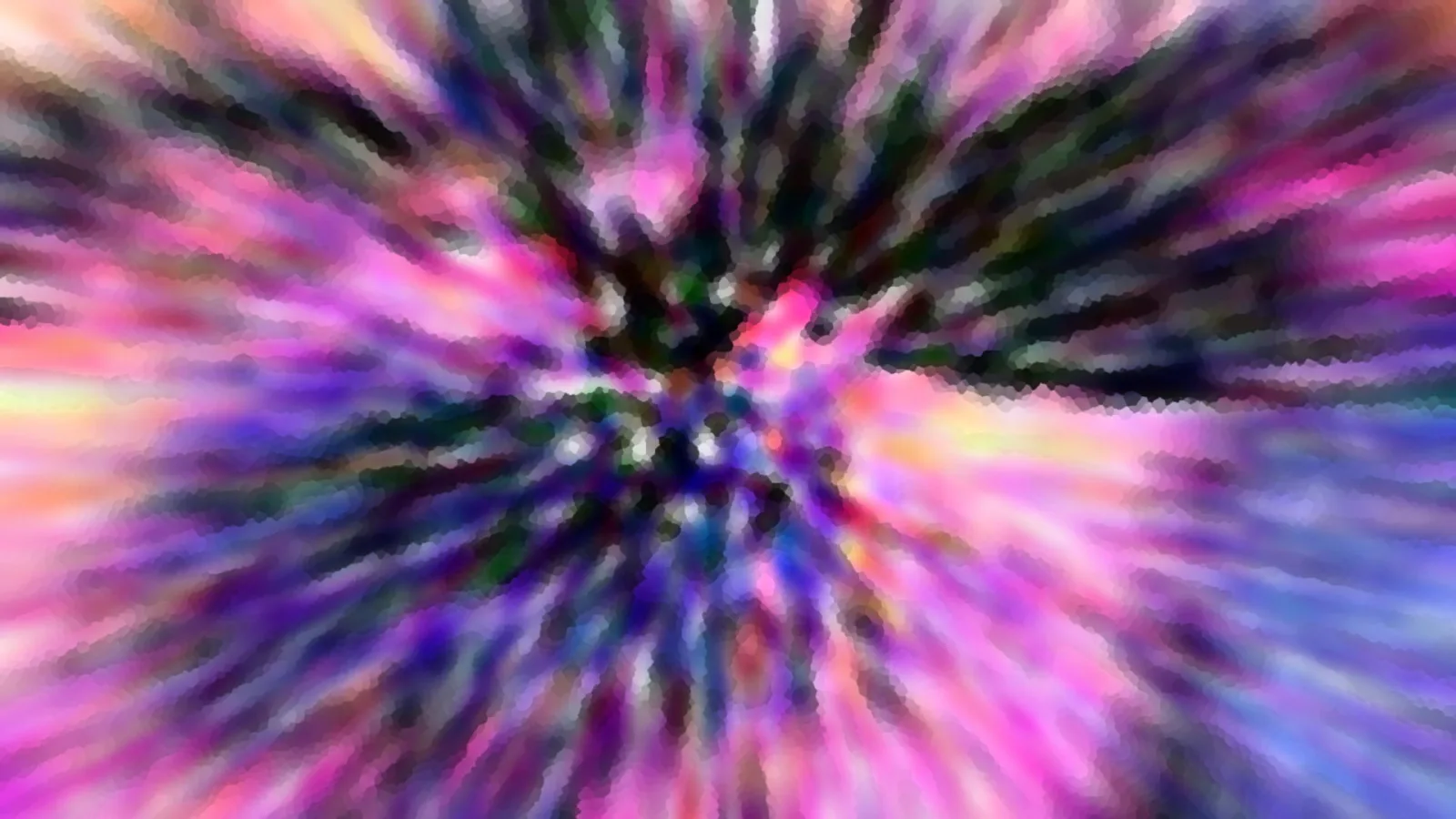 Abstrakte, radial verwischte Farbstrahlen in Pink, Violett und Dunkelgrün, die von der Mitte nach außen laufen.