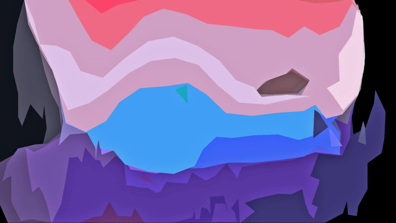 Abstrakte, facettierte Landschaft mit rosa und violetten Schichten, einer leuchtend blauen Fläche in der Mitte und dunklen Rändern.