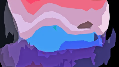 Abstrakte, facettierte Landschaft mit rosa und violetten Schichten, einer leuchtend blauen Fläche in der Mitte und dunklen Rändern.