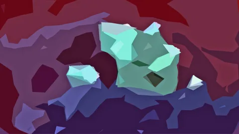 Abstrakte Komposition aus kantigen, polygonalen Formen in Mintgrün und Weiß, die in der Bildmitte zu einem Haufen zusammenstehen, vor einem Hintergrund aus Rot, Violett und dunklem Purpur.