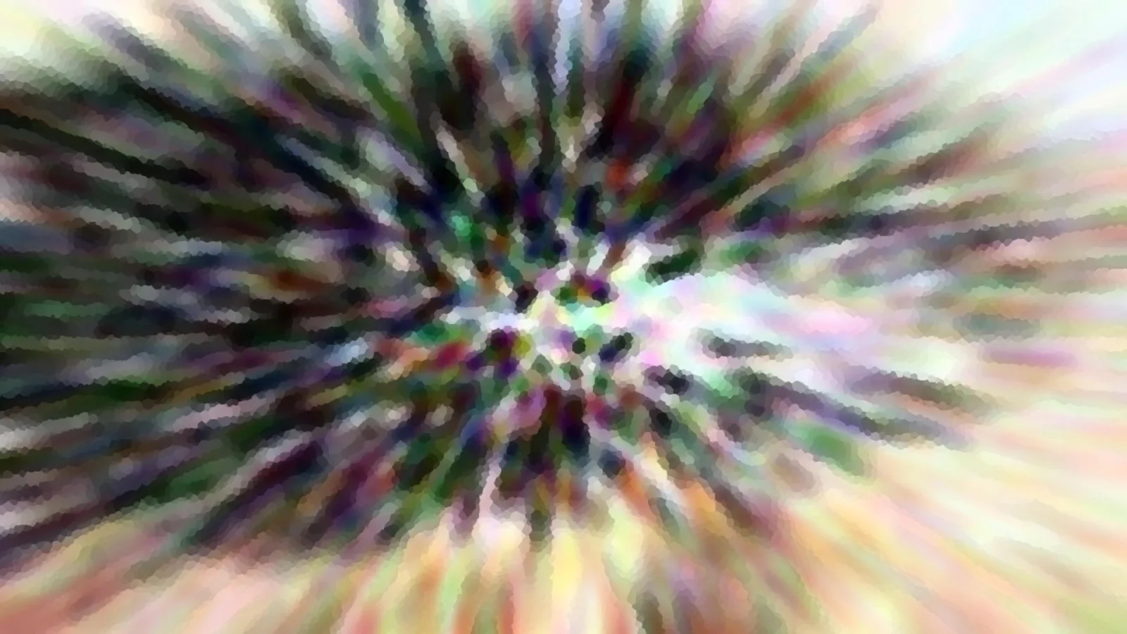 Abstrakte Komposition aus bunten Streifen, die von einem hellen Zentrum radial nach außen strahlen, in Grün, Violett, Rosa und Pastelltönen, mosaikartig verpixelt.