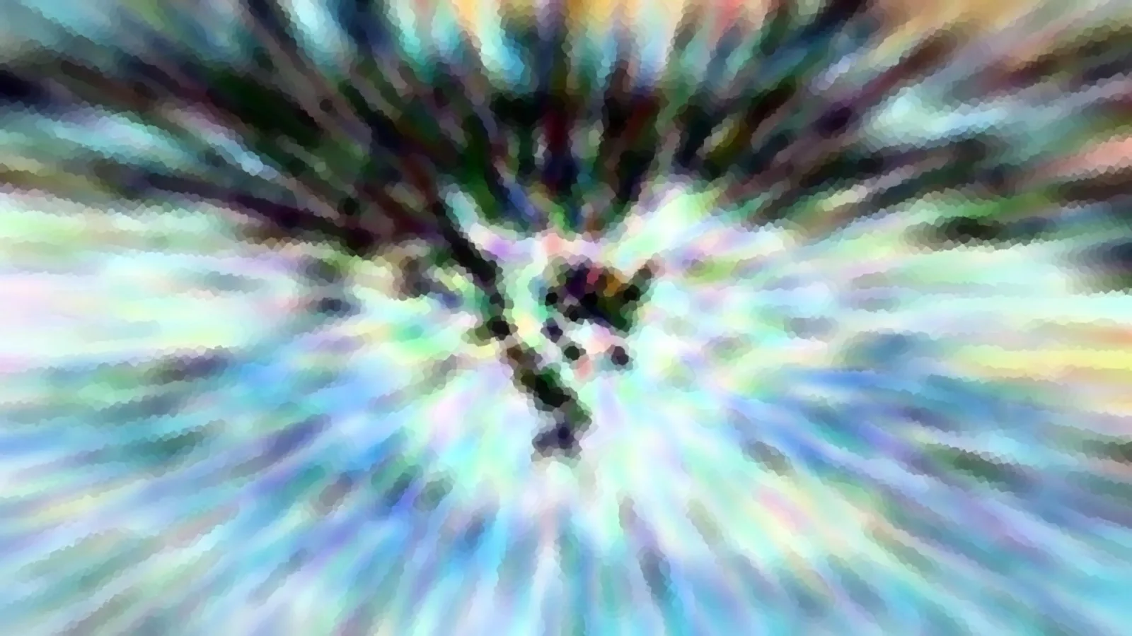 Abstraktes Bild mit radial von der Mitte nach außen laufenden, verschwommenen Streifen in Regenbogenfarben, in der Mitte eine dunkle, verzweigte Form.