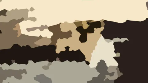 Abstrakte Komposition aus cremefarbenen, beigen, braunen und schwarzen Flächen mit unregelmäßigen Kanten.
