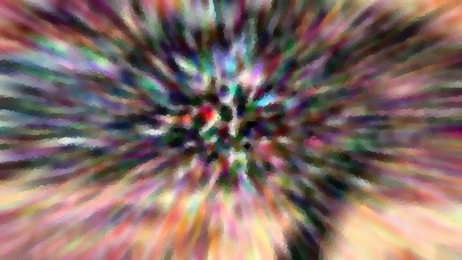 Abstraktes Bild mit bunten Streifen, die von einem hellen Zentrum radial nach außen laufen, im Mittelpunkt ein kleiner roter Fleck.
