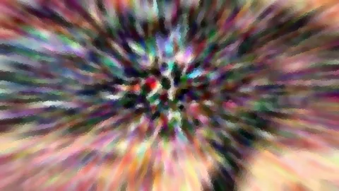 Abstraktes Bild mit bunten Streifen, die von einem hellen Zentrum radial nach außen laufen, im Mittelpunkt ein kleiner roter Fleck.