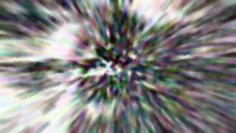 Abstrakte Komposition aus bunten, radial vom Zentrum ausstrahlenden Schlieren in Grün, Violett und Weiß.