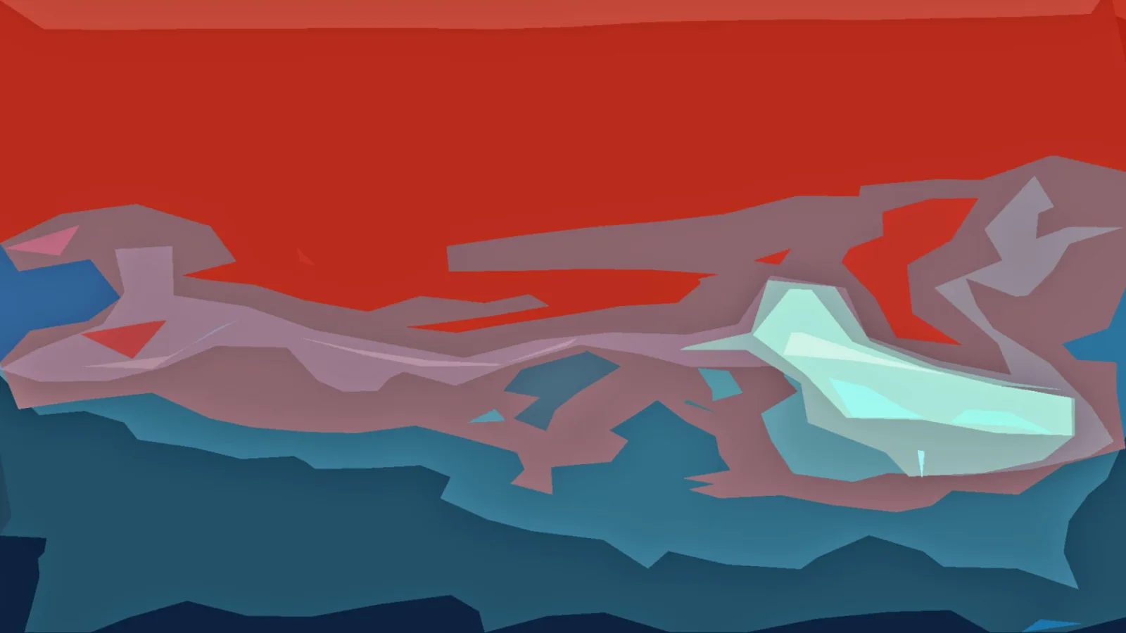Abstraktes Bild aus großen flachen Formen: oben ein rotes Feld, darunter blaugrüne Schichten und eine helle türkisfarbene Form rechts der Mitte.