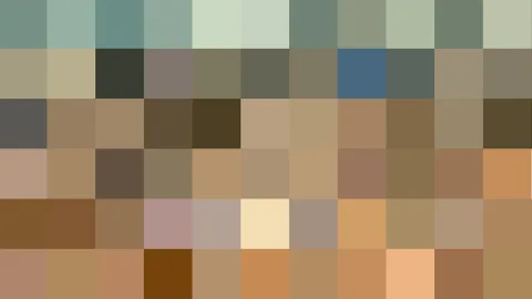 Abstraktes Mosaik aus grünen, beigen und braunen Farbquadraten in einem Raster aus zehn Spalten und sechs Reihen.