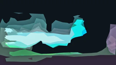 Abstrakte Komposition aus türkisen, hellblauen und weißen polygonalen Flächen auf dunklem Grund, unten grüne und violette Flächen.