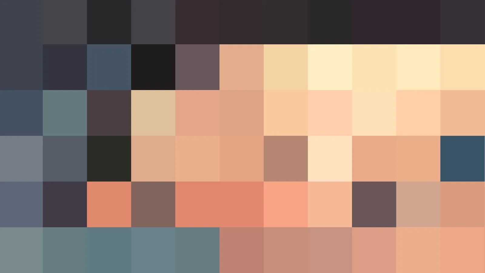 Ein grobes Pixelmosaik aus Blöcken in Dunkelgrau, Braun und verschiedenen Hauttönen, oben dunkel, in der Mitte und unten warm gefärbt.