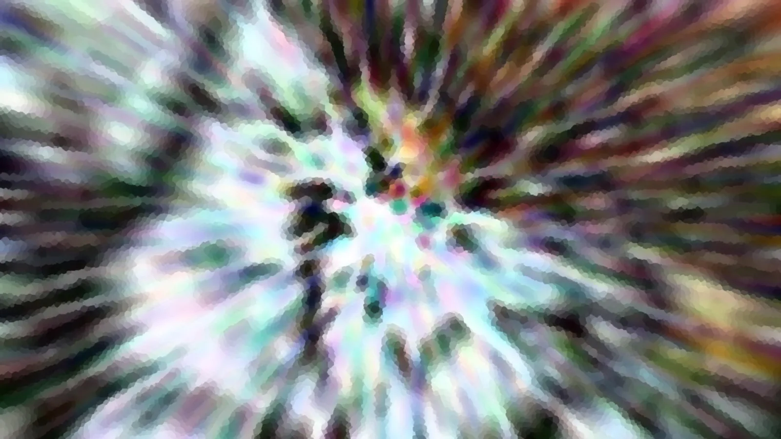 Verschwommene, radial von einem Zentrum ausgehende Farbstrahlen in Grün, Weiß, Violett und Braun auf dunklem Grund, mit pixeligen Flecken.