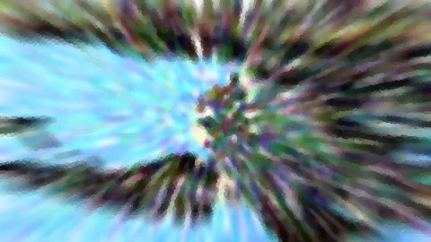 Abstrakte Komposition mit hellblauer Mitte, von der dunkle grüne und violette Streifen radial nach außen laufen, leicht verpixelt.