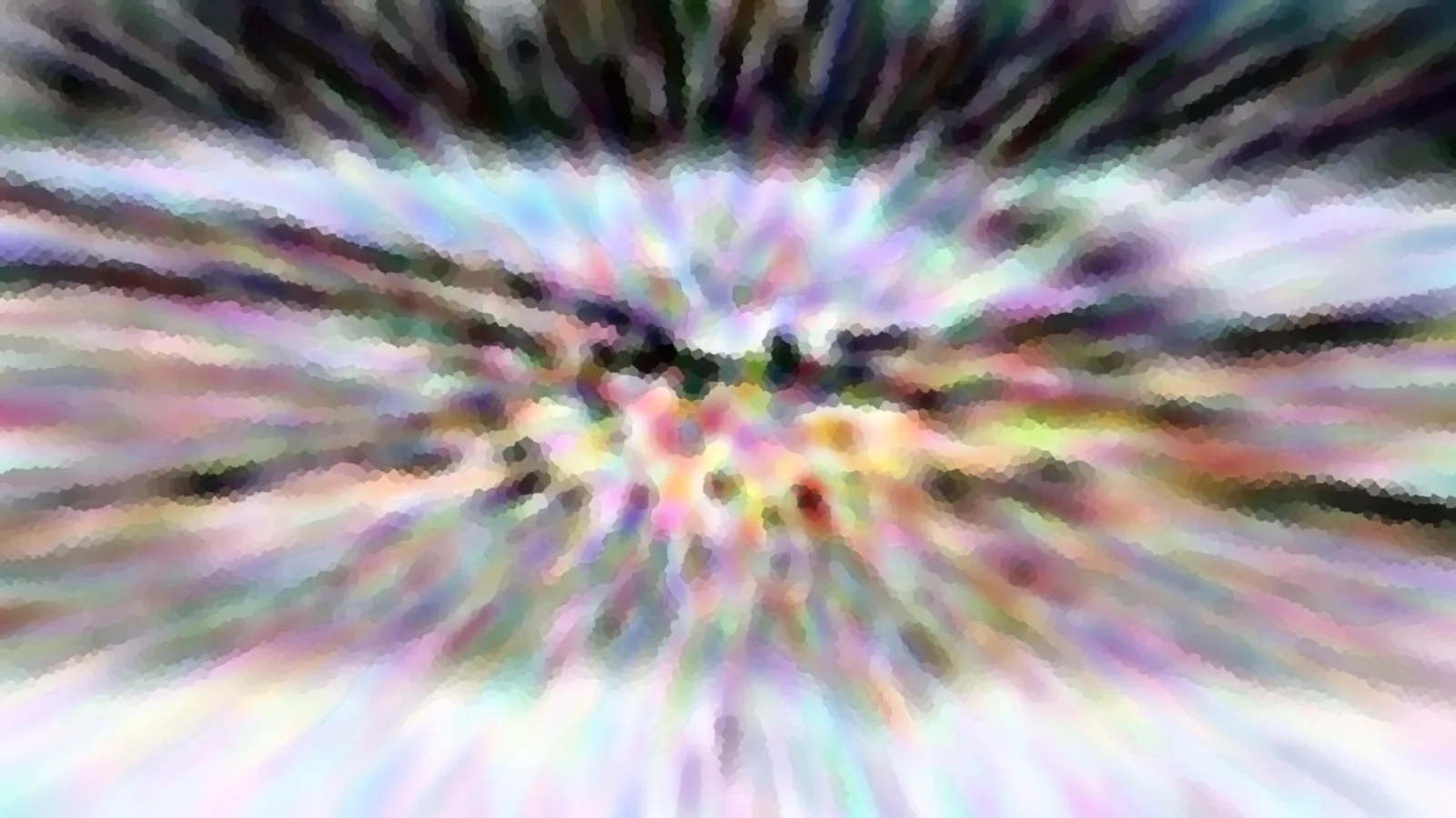 Abstrakte Komposition aus bunten Schlieren, die von der Bildmitte radial nach außen laufen, mit dunklen Streifen am oberen und unteren Rand und einem gepixelten Mosaikmuster.
