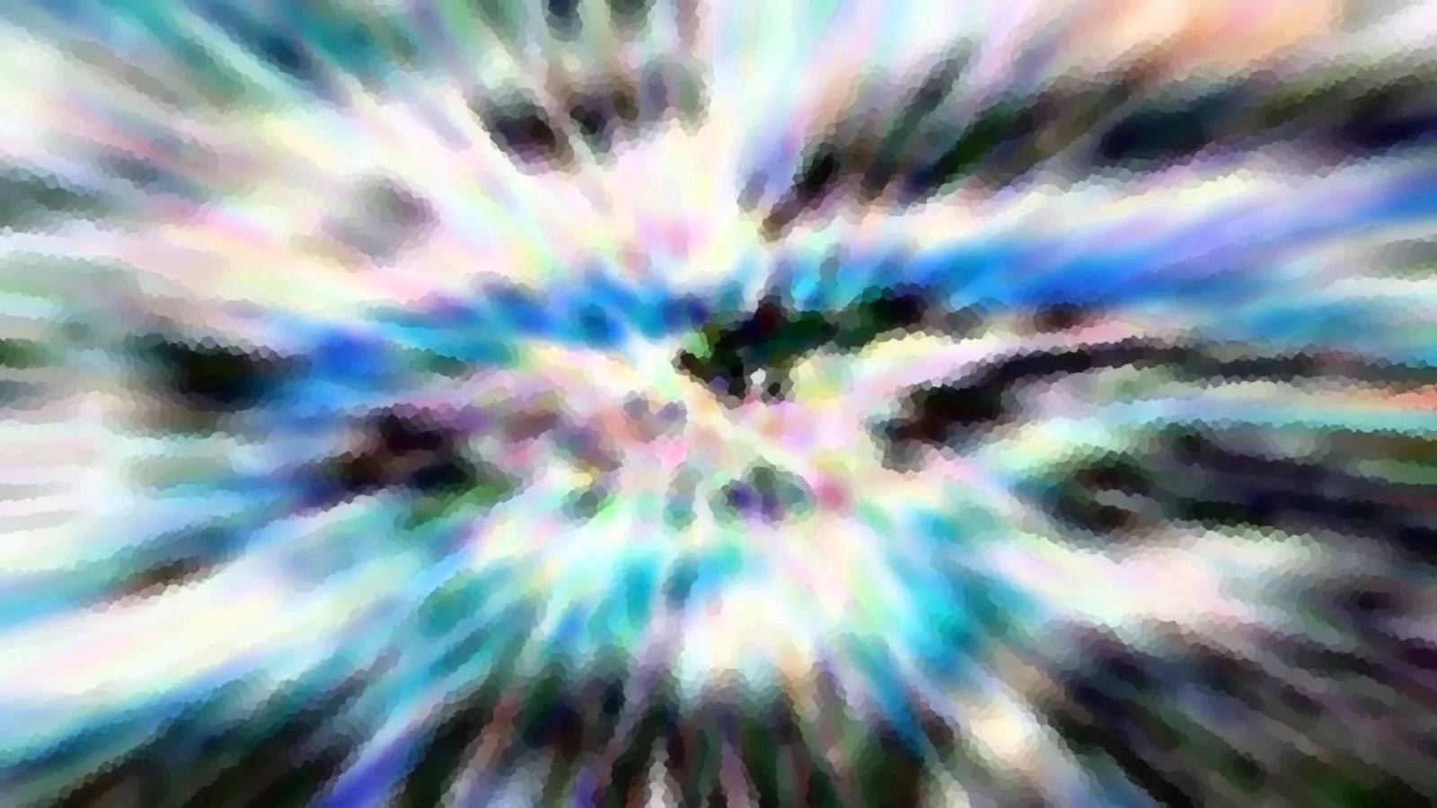 Abstrakte Farbstreifen laufen von einer hellen Mitte radial nach außen, in Blau, Grün, Weiß und Schwarz, grob gepixelt.