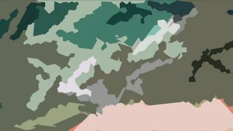 Abstrakte Komposition aus unregelmäßigen Farbflächen in Grün, Grau und Weiß, unten ein großer lachsfarbener Bereich.