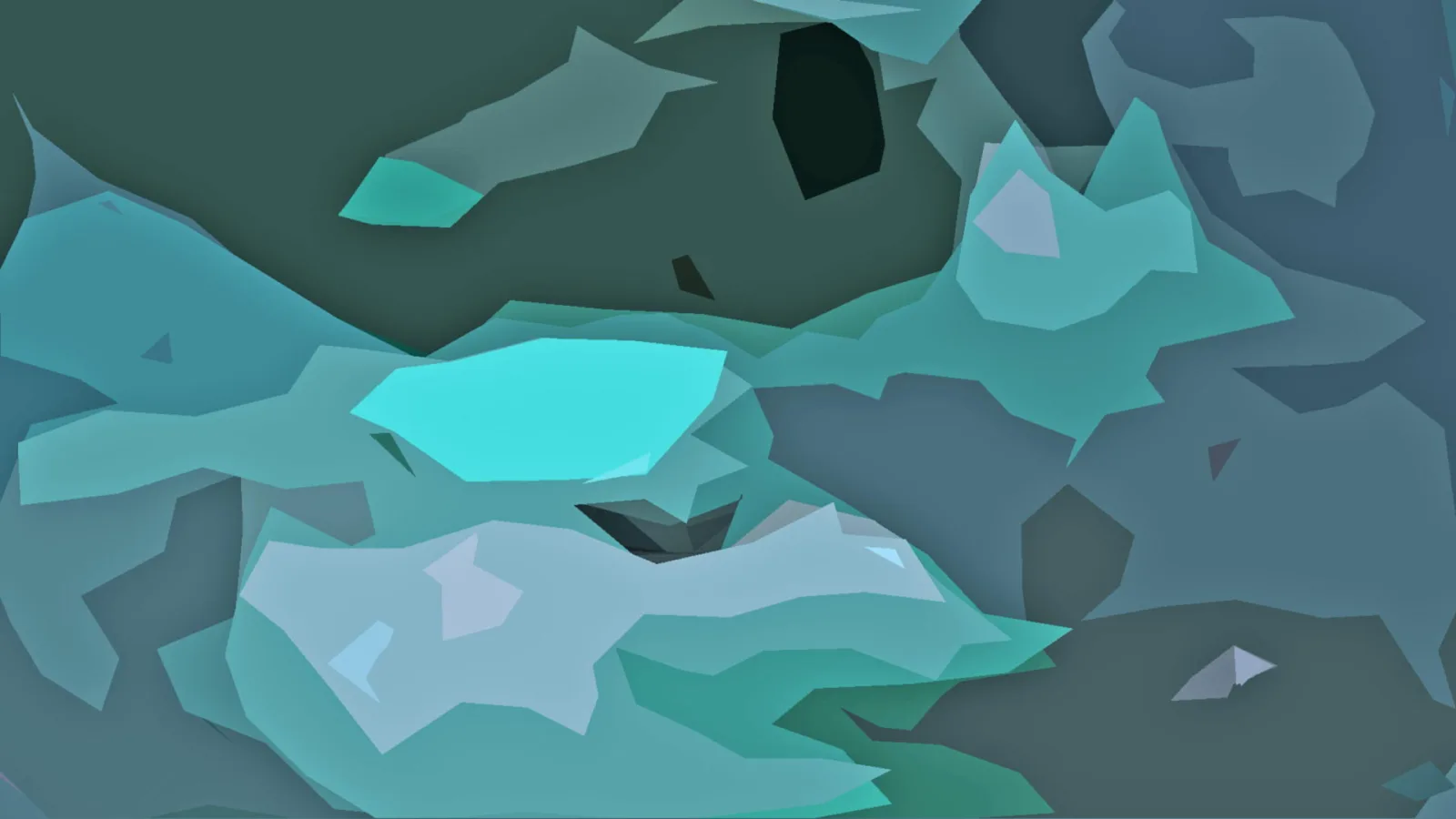 Abstrakte Komposition aus türkisen, grünlichen und graublauen Polygonflächen, im Zentrum ein leuchtend cyanfarbenes Feld.