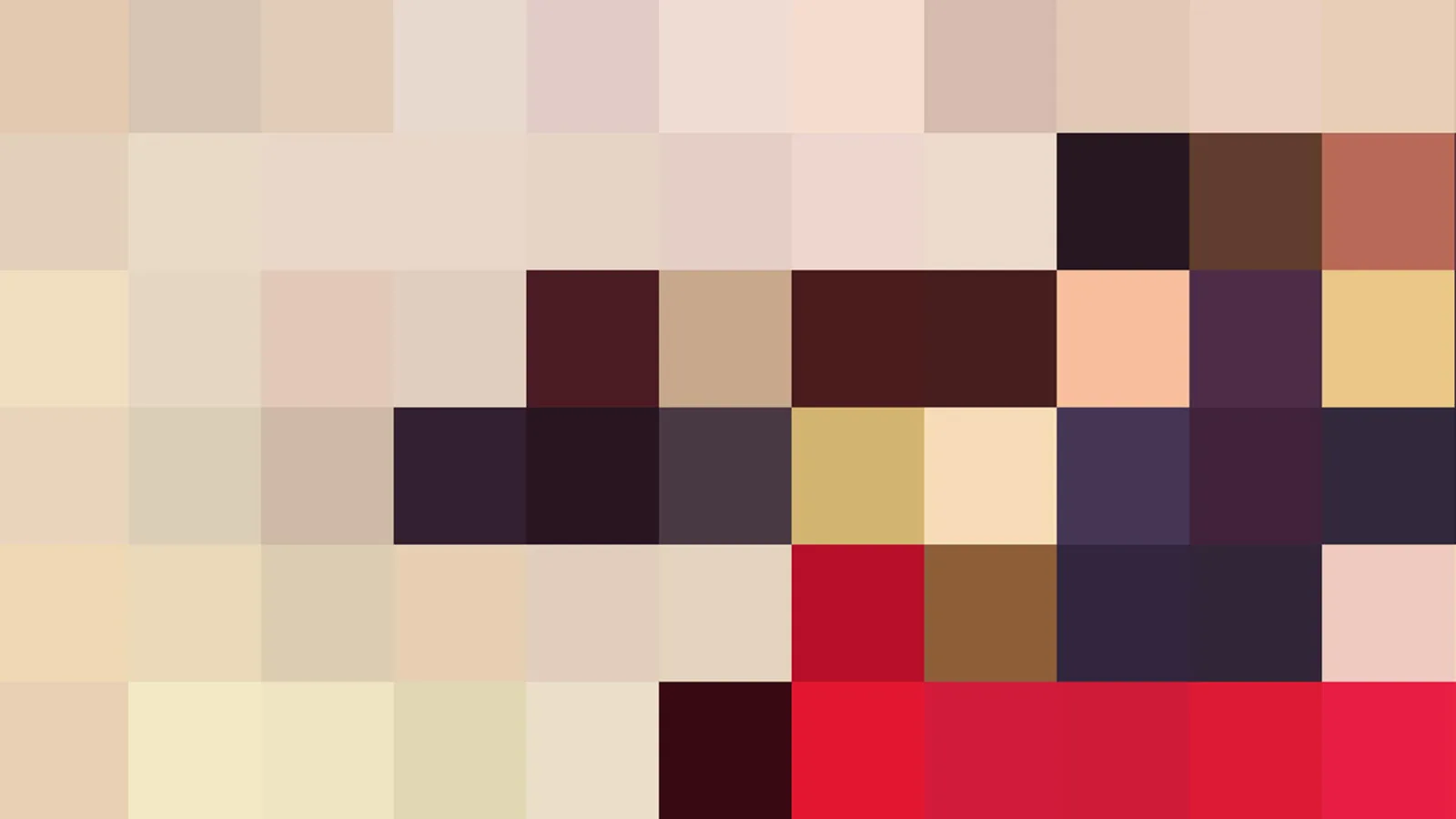 Abstraktes Farbmosaik aus quadratischen Blöcken in Beige, Rosa, Dunkelrot, Senfgelb und leuchtendem Rot.
