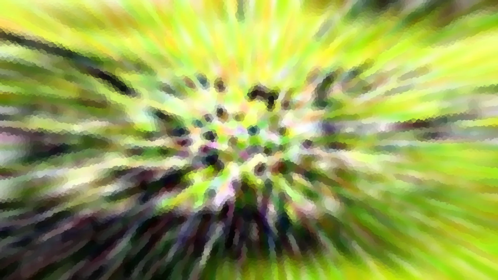 Abstrakte Komposition aus gelben und grünen Farbstrahlen, die von einem dunklen, punktförmigen Zentrum in der Bildmitte nach außen laufen. Die Kanten wirken pixelig und verwischt.