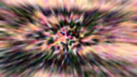 Abstraktes Bild mit bunten Farbstreifen in Rosa, Grün, Violett und Gelb, die von einem dunklen Zentrum radial nach außen laufen.