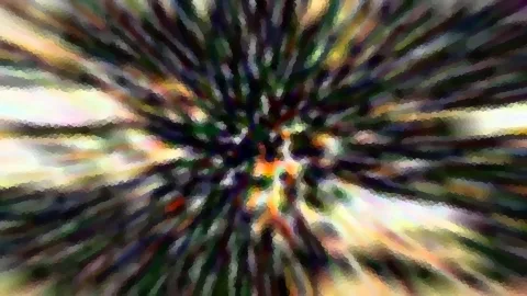 Abstrakte Komposition aus bunten Streifen, die radial von einer dunklen Mitte nach außen laufen, mit mosaikartiger Körnung.