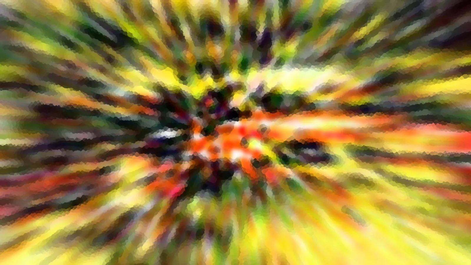 Abstrakte Komposition aus gelben, orangefarbenen und grünen Farbstrahlen, die von einem dunklen Zentrum radial nach außen laufen, mit körniger Mosaikstruktur.