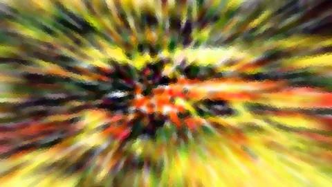 Abstrakte Komposition aus gelben, orangefarbenen und grünen Farbstrahlen, die von einem dunklen Zentrum radial nach außen laufen, mit körniger Mosaikstruktur.