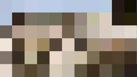 Verpixeltes Bild aus rechteckigen Farbblöcken: oben helles Blau, darunter Beige, Braun und Dunkelbraun in unregelmäßiger Anordnung.