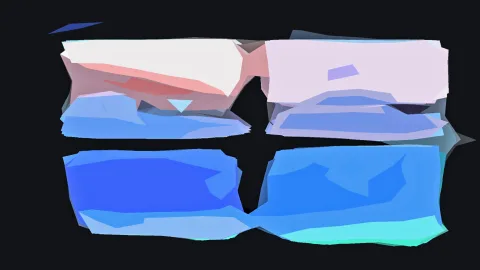 Abstrakte Komposition aus blauen, rosafarbenen und weißen polygonalen Flächen auf schwarzem Hintergrund.